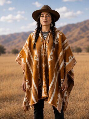 Handwoven Unisex Native American Hooded Wool Poncho - 100% Wool Pullover Coat